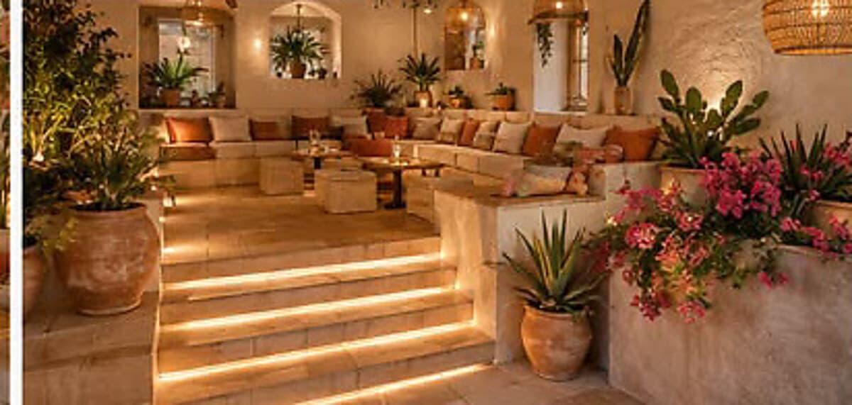 Espace lounge surélevé, coussins et bougainvillier