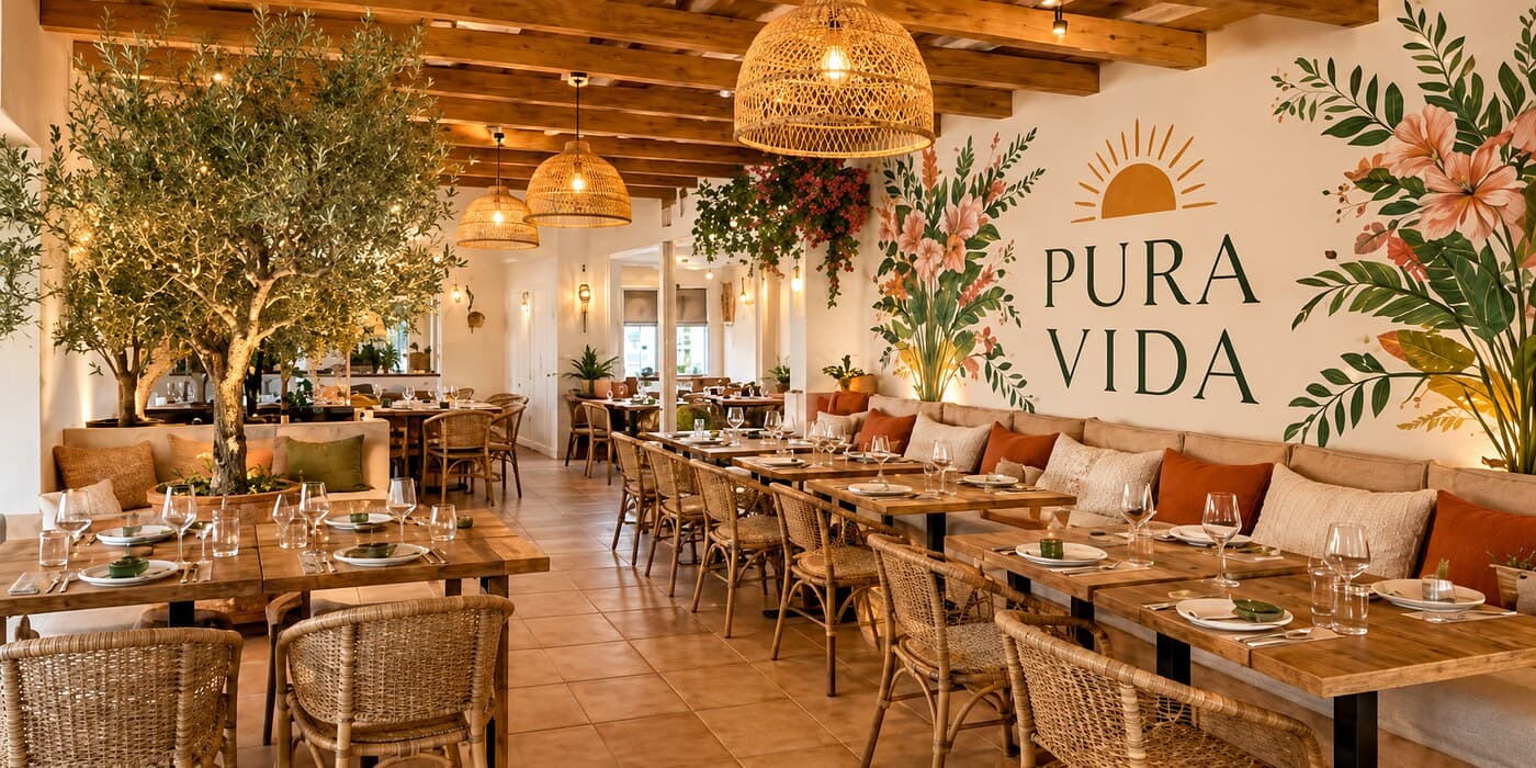Salle principale du restaurant Pura Vida, tables dressées et olivier