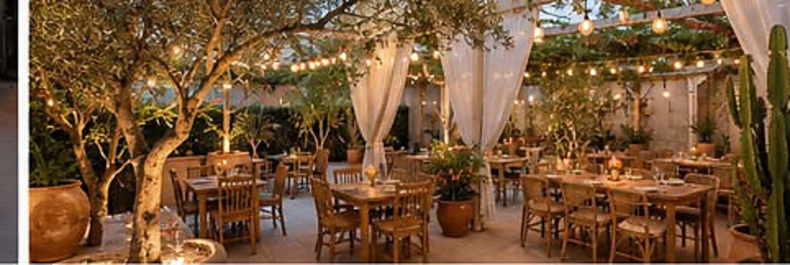 Terrasse arrière du restaurant Pura Vida, guirlandes lumineuses et oliviers